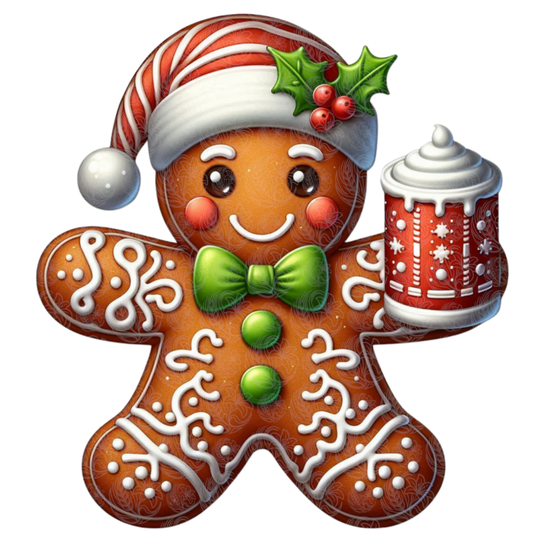 Gingerbread man wearing Santa hat holding festive mug with holly berries and icing details, Grey Barn Handwerk, Saskatchewan.